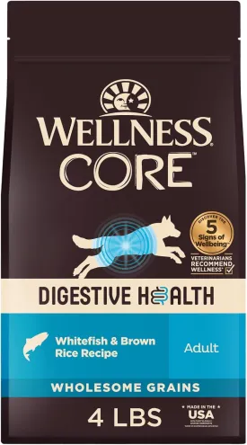 Wellness CORE Digestive Health Dry Dog Food, Wholesome Grains, Natural, Recipe for Dogs with Sensitive Stomachs, Whitefish & Brown Rice, (4-Pound Bag)