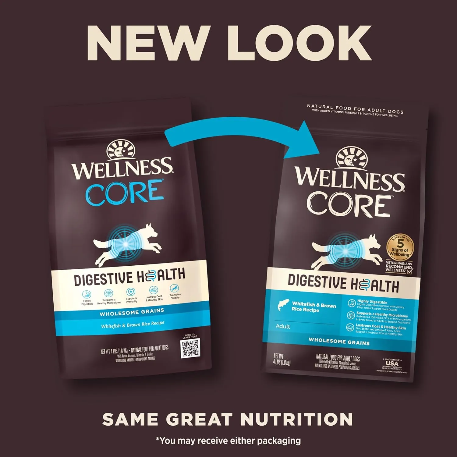 Wellness CORE Digestive Health Dry Dog Food, Wholesome Grains, Natural, Recipe for Dogs with Sensitive Stomachs, Whitefish & Brown Rice, (4-Pound Bag)