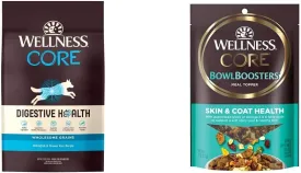 Wellness CORE Digestive Health Dry Dog Food with Wholesome Grains, Whitefish & Brown Rice, 22 Pound Bag   CORE Bowl Boosters Skin & Coat Health Dog Food Topper