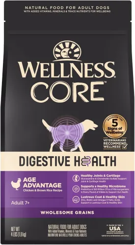 Wellness CORE Digestive Health Senior Dry Dog Food, Wholesome Grains, Natural, Recipe for Dogs with Sensitive Stomachs, Age Advantage Chicken & Brown Rice, (4-Pound Bag)