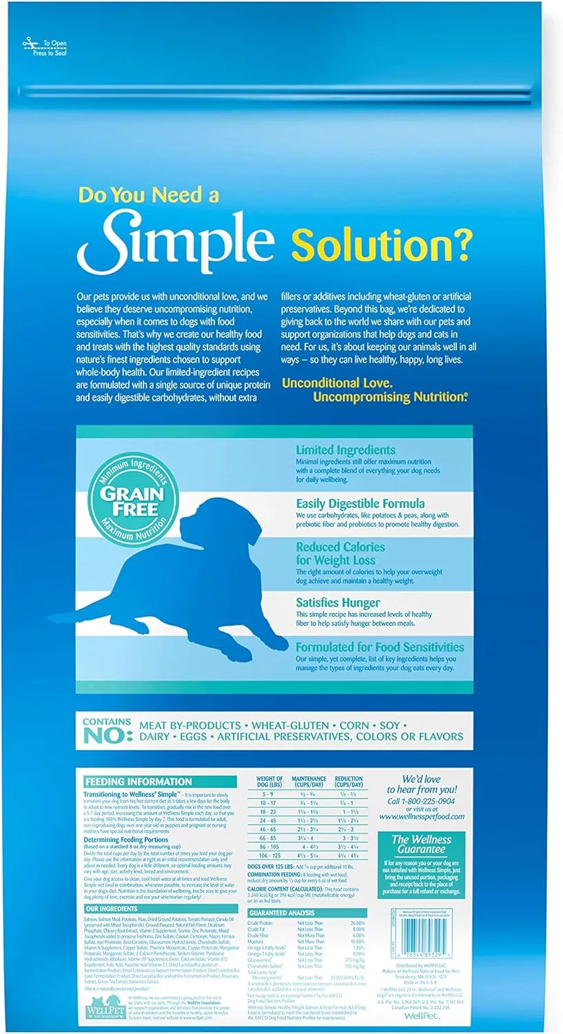 Wellness Simple Limited Ingredient Dry Dog Food for Sensitive Stomachs, Supports Skin & Coat, Grain Free, Natural, Healthy Weight Salmon & Peas Recipe, (24-Pound Bag)