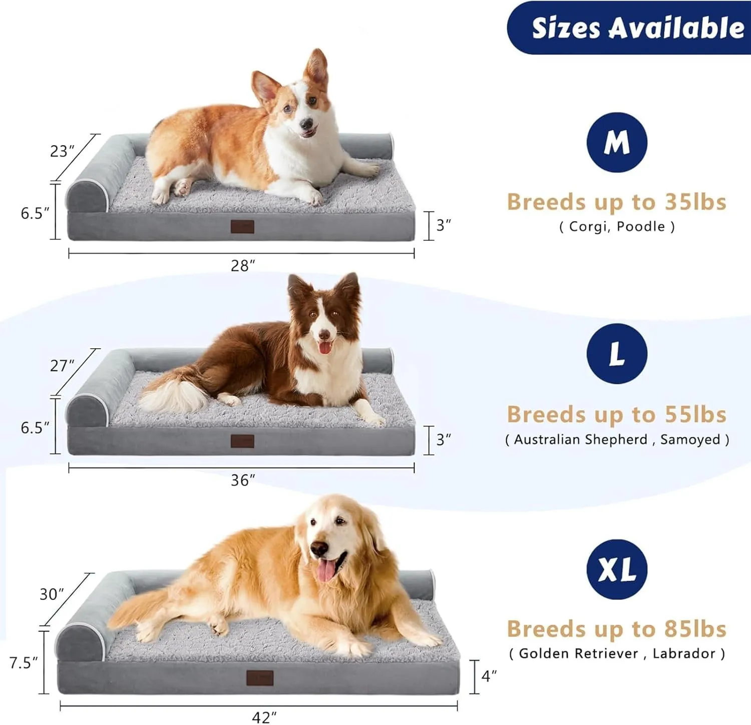 WESTERN HOME Orthopedic Dog Beds Large Sized Dog, Pet Sofa Bed with Removable Washable Cover, Egg Foam Support, Bolster Cushion for Comfortable Sleep, Waterproof Lining and Non-Slip Bottom