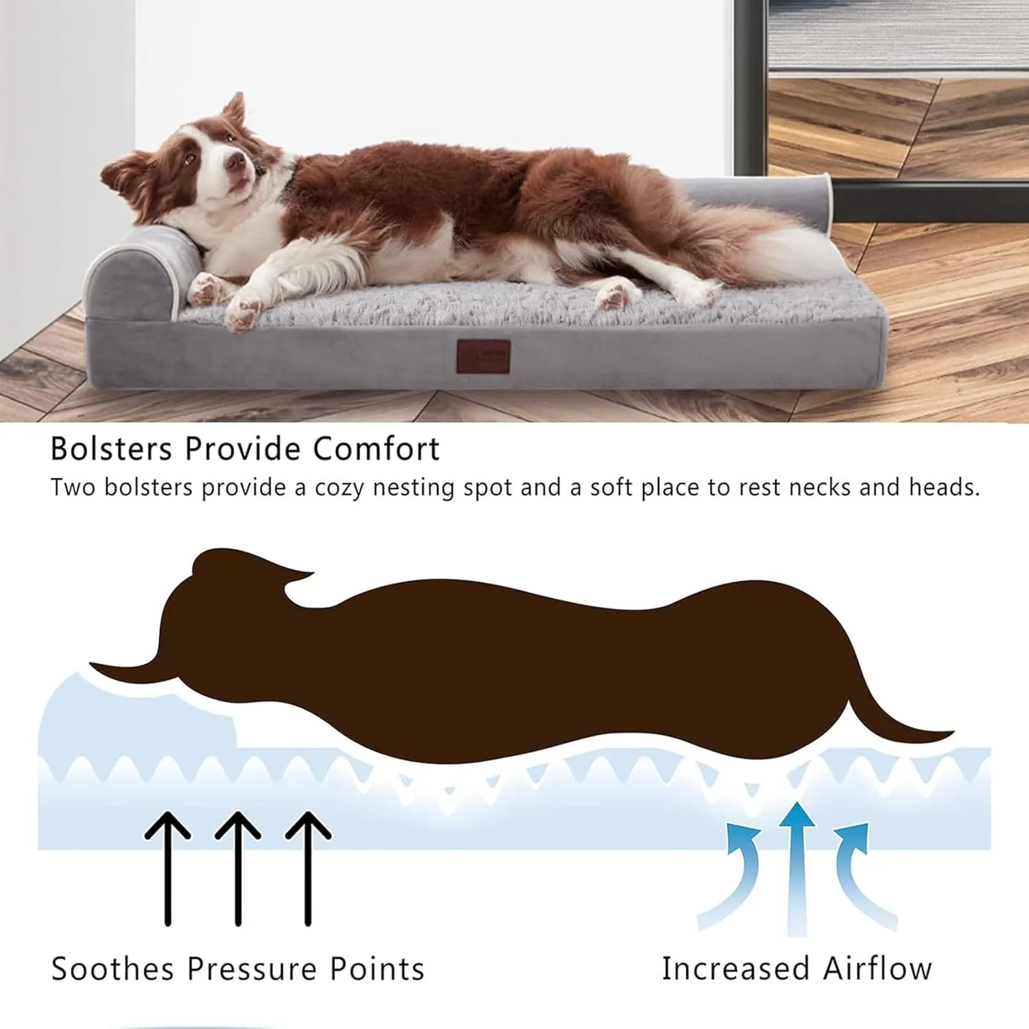 WESTERN HOME Orthopedic Dog Beds Large Sized Dog, Pet Sofa Bed with Removable Washable Cover, Egg Foam Support, Bolster Cushion for Comfortable Sleep, Waterproof Lining and Non-Slip Bottom