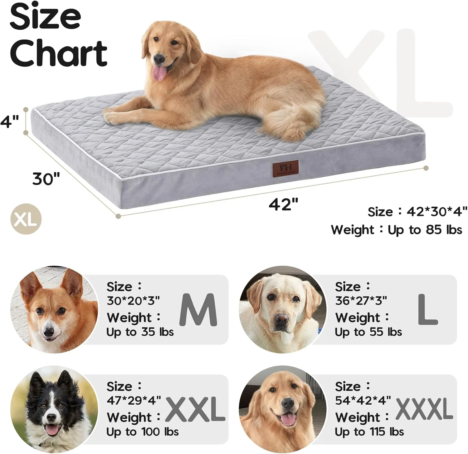 WESTERN HOME WH Large Dog Bed Orthopedic Dog Beds for Large Dogs Washable Dogs Crate Bed Waterproof Pet Crate Beds Egg Foam Anti-Slip Bottom, Grey, 42 inch