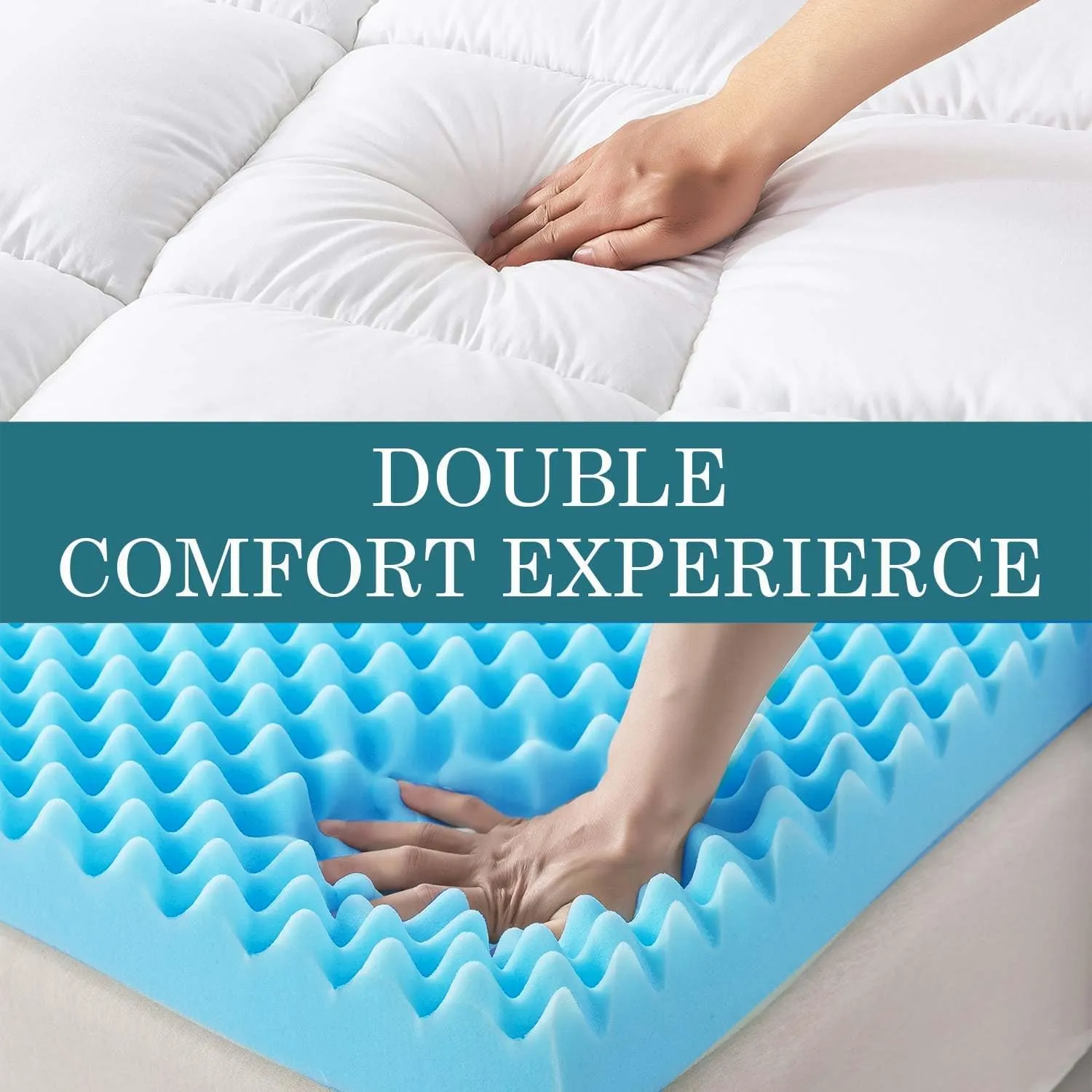 WhatsBedding Memory Foam Mattress Topper 5inch, Soft Egg Crate Mattress Topper with Breathable Cover for Back Pain Relief, CertiPUR-US Certified (White Bule, Queen)