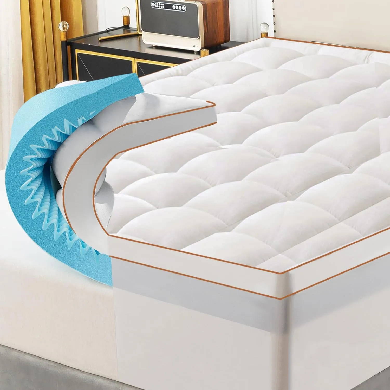 WhatsBedding Memory Foam Mattress Topper 5inch, Soft Egg Crate Mattress Topper with Breathable Cover for Back Pain Relief, CertiPUR-US Certified (White Bule, Queen)