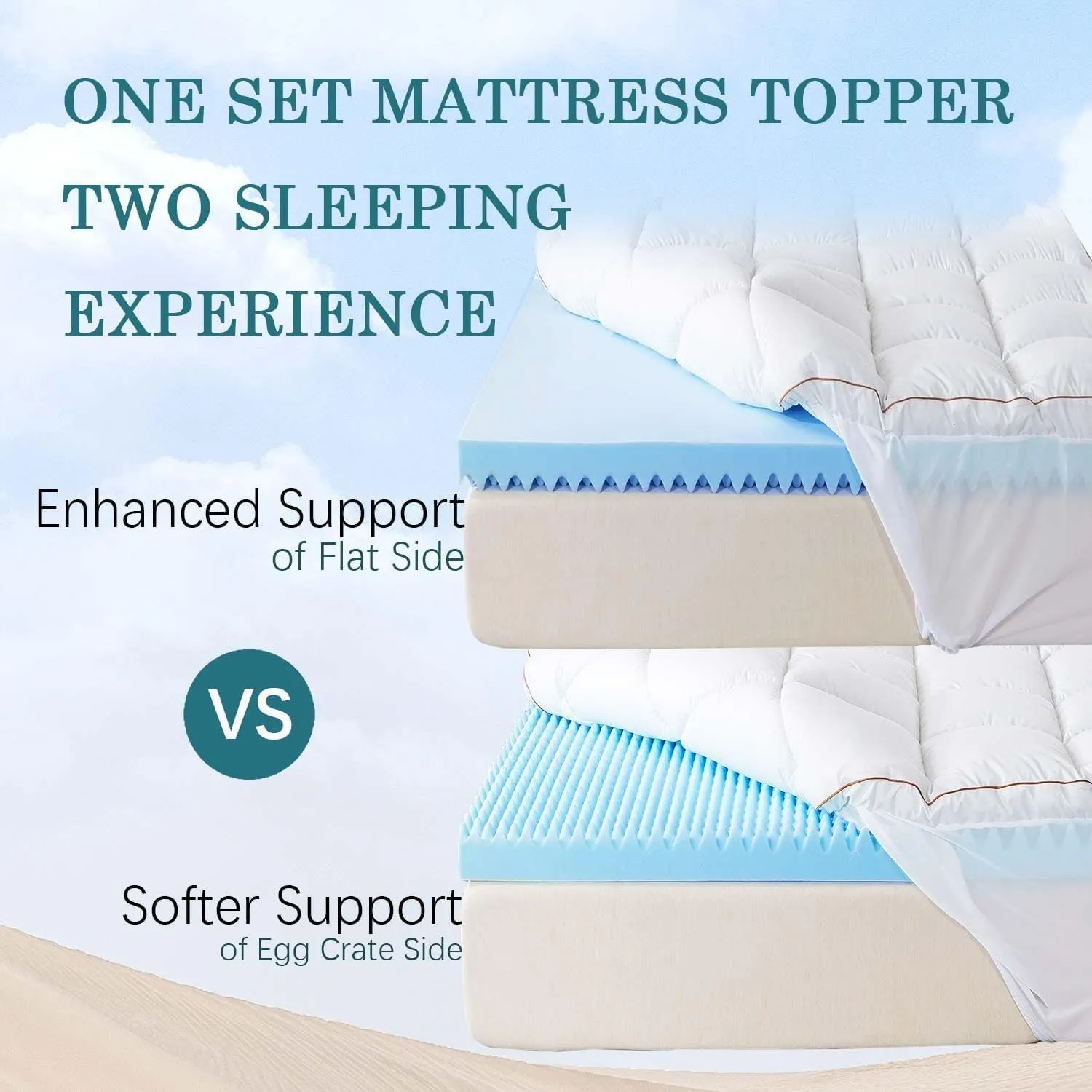 WhatsBedding Memory Foam Mattress Topper 5inch, Soft Egg Crate Mattress Topper with Breathable Cover for Back Pain Relief, CertiPUR-US Certified (White Bule, Queen)