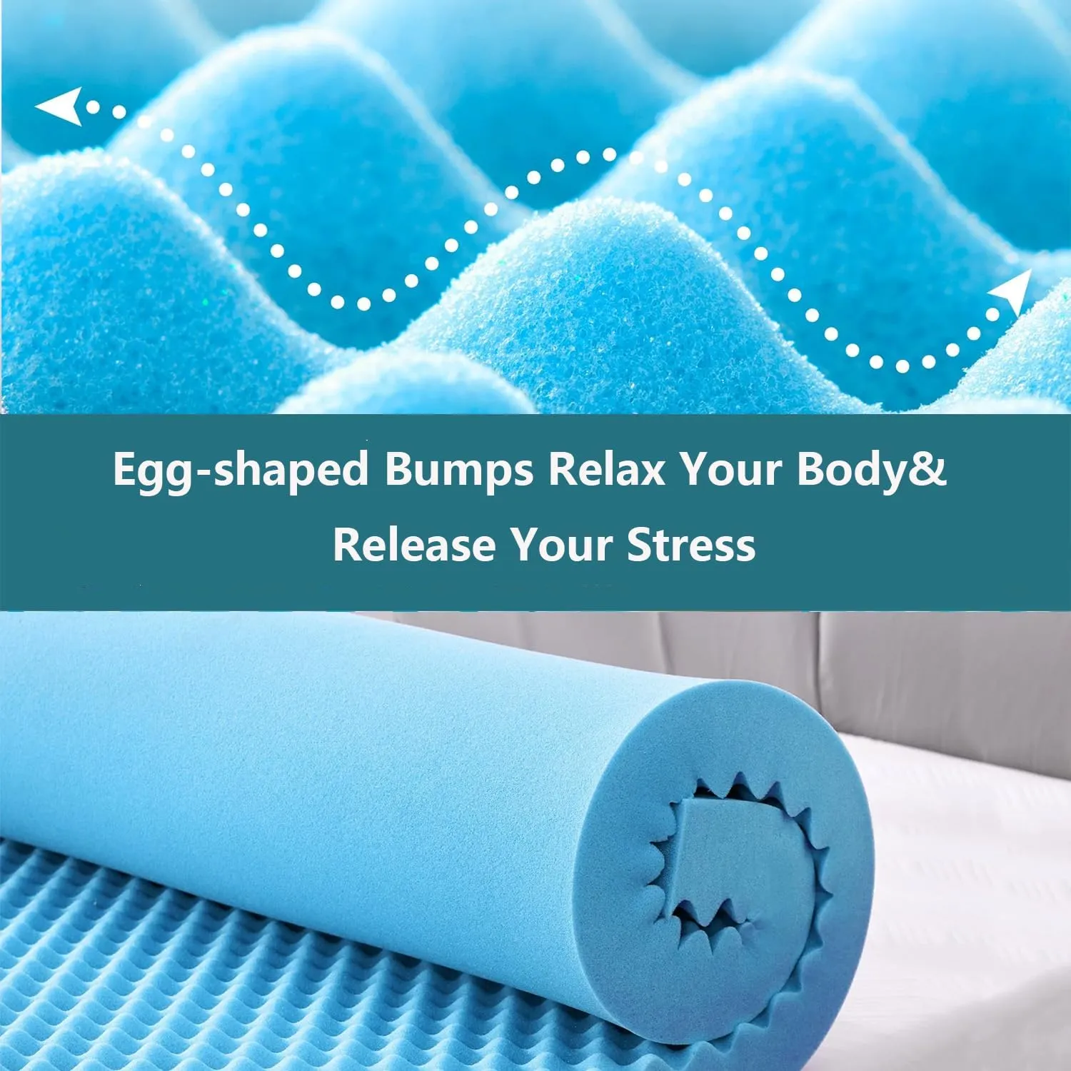 WhatsBedding Memory Foam Mattress Topper 5inch, Soft Egg Crate Mattress Topper with Breathable Cover for Back Pain Relief, CertiPUR-US Certified (White Bule, Queen)