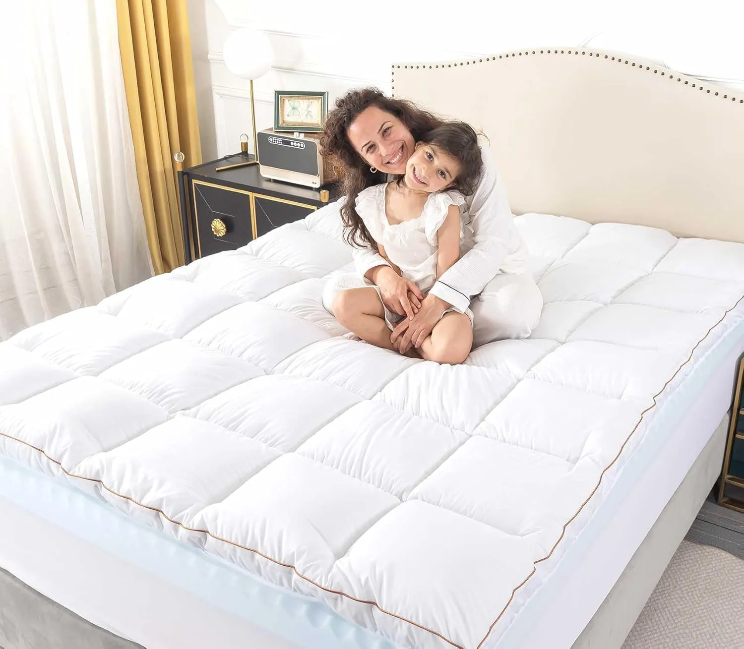 WhatsBedding Memory Foam Mattress Topper 5inch, Soft Egg Crate Mattress Topper with Breathable Cover for Back Pain Relief, CertiPUR-US Certified (White Bule, Queen)