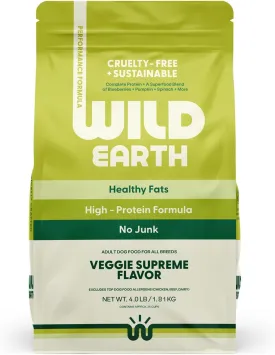 Wild Earth Vegan Dry Dog Food Performance Formula | Plant-Based Vegetarian Kibble | Wheat-Free, Allergen-Free, Veterinarian-Developed | Veggie Supreme Flavor, 4lb Bag