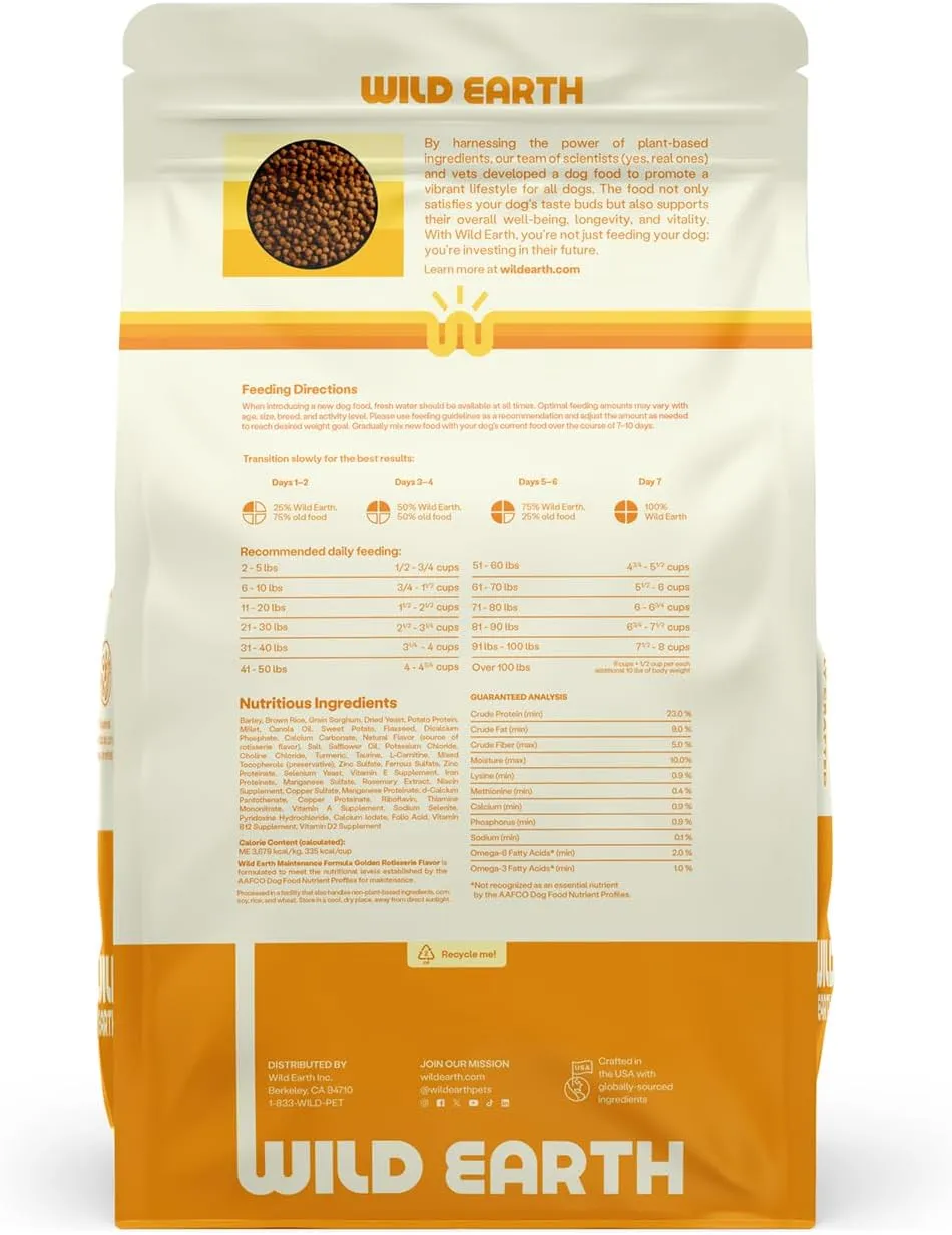 Wild Earth Vegan Dry Dog Food | Plant-Based Maintenance Formula | Vegetarian, Allergy Relief, Veterinarian-Developed for Complete Nutrition | Golden Rotisserie Flavor, 4 Pound Bag