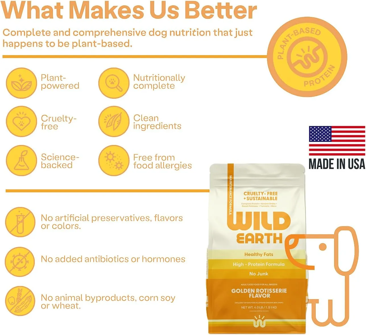 Wild Earth Vegan Dry Dog Food | Plant-Based Maintenance Formula | Vegetarian, Allergy Relief, Veterinarian-Developed for Complete Nutrition | Golden Rotisserie Flavor, 4 Pound Bag