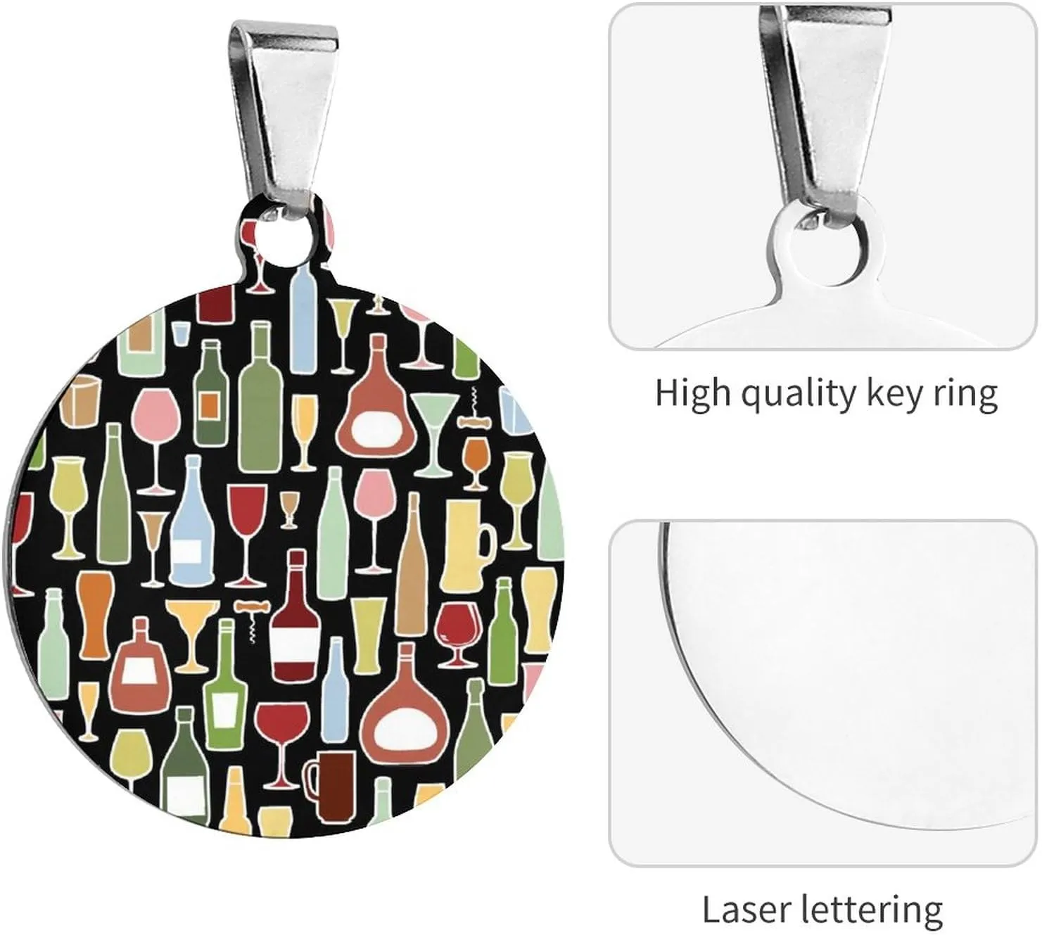 Wine Bottle and Glass Pet ID Tags Personalized Stainless Steel Dog and Cat Tags Cute Collar Tag Circular