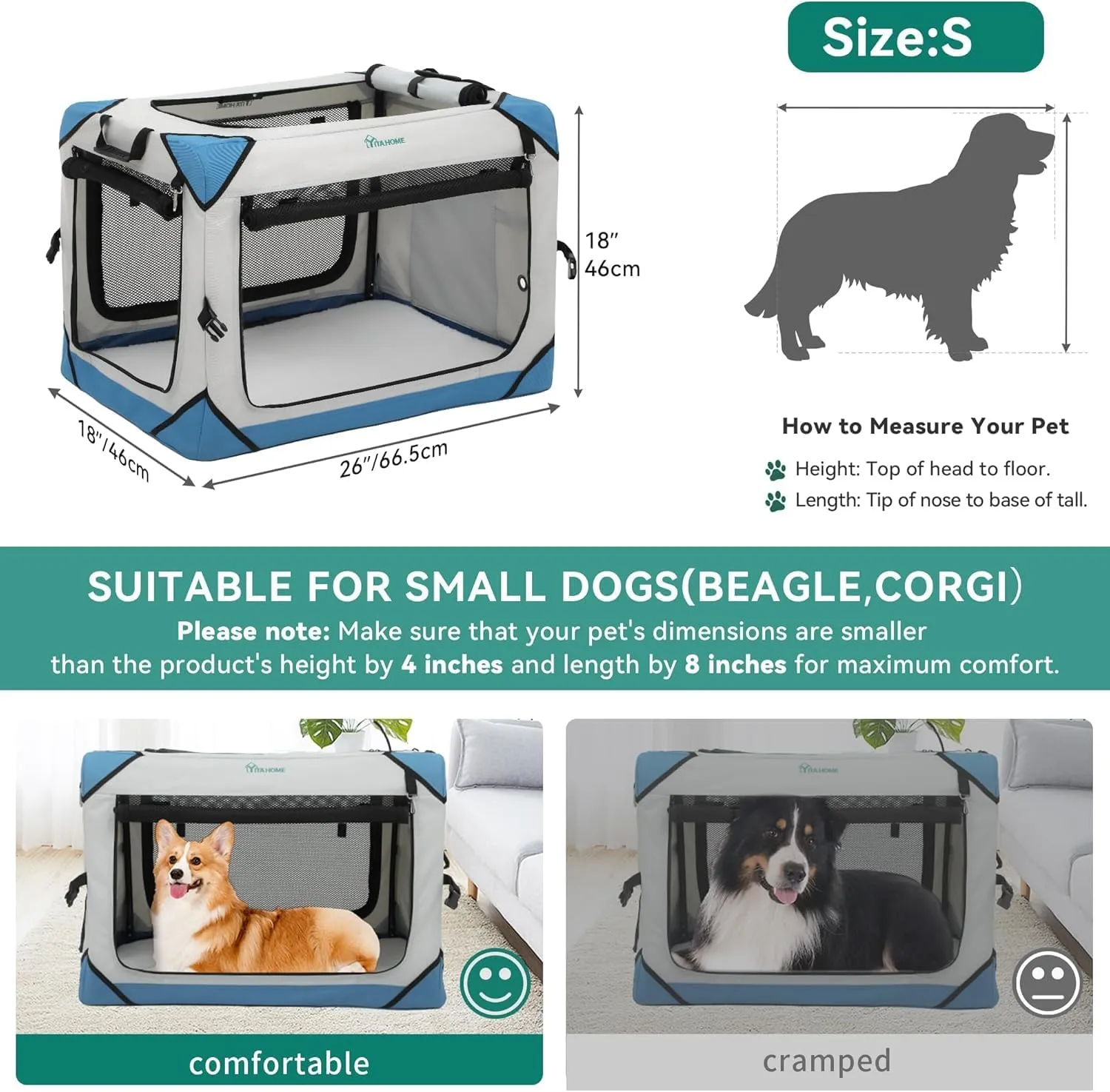YITAHOME Collapsible Dog Crate, 4-Door Portable Travel Dog Crate with Durable Mesh Windows, Foldable Soft Dog Crate Kennel for Indoor & Outdoor(26" L x 18" W x 18" H)