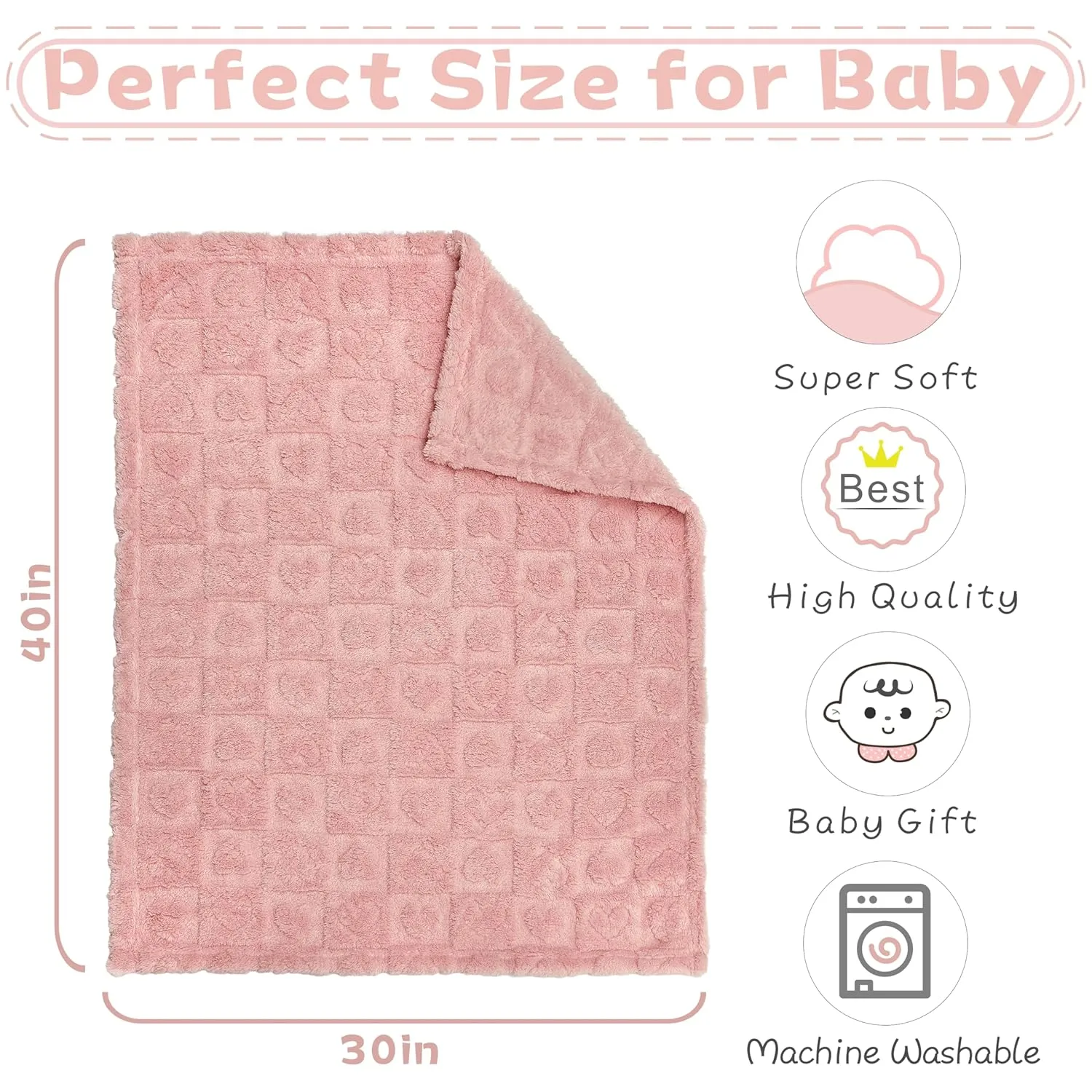 Yurhap Fleece Baby Blanket Heart Checkered Blanket, Ultra Soft Cozy Baby Blankets for Girls Boys, Fluffy Infant Toddler Newborn Receiving Blankets for Crib Stroller 3040 (Dark Pink)
