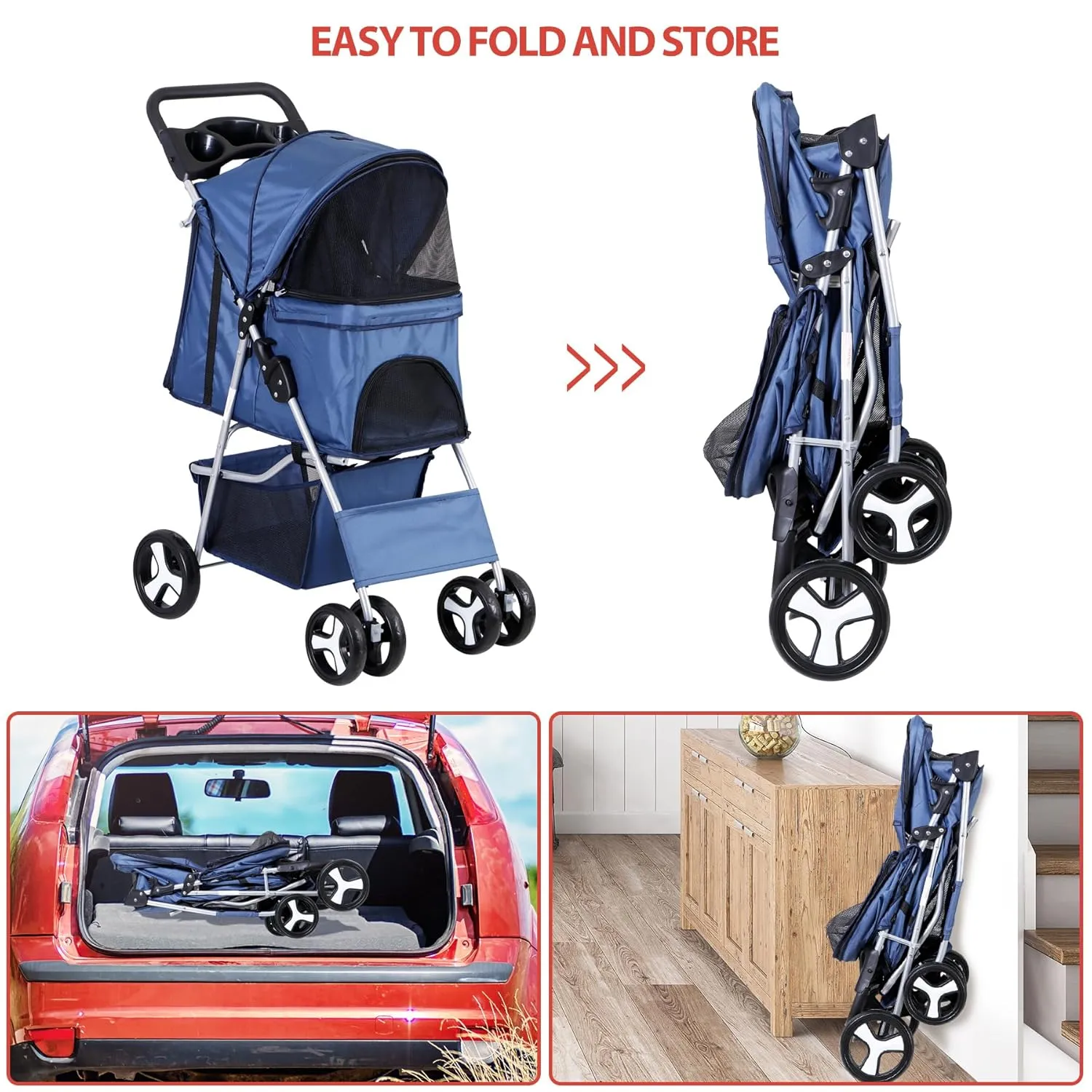 ZENY Foldable Pet Stroller, Cat/Dog Stroller with 4 Wheel, Pet Travel Carrier Strolling Cart with Storage Basket, Cup Holder (Navy Blue)