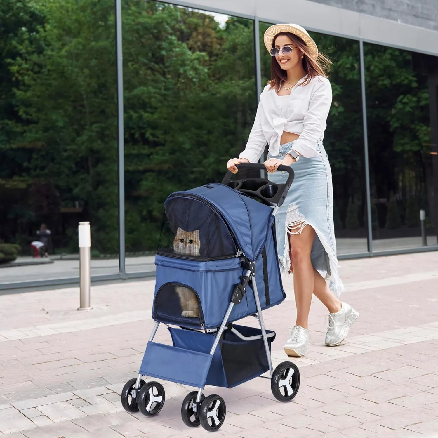 ZENY Foldable Pet Stroller, Cat/Dog Stroller with 4 Wheel, Pet Travel Carrier Strolling Cart with Storage Basket, Cup Holder (Navy Blue)