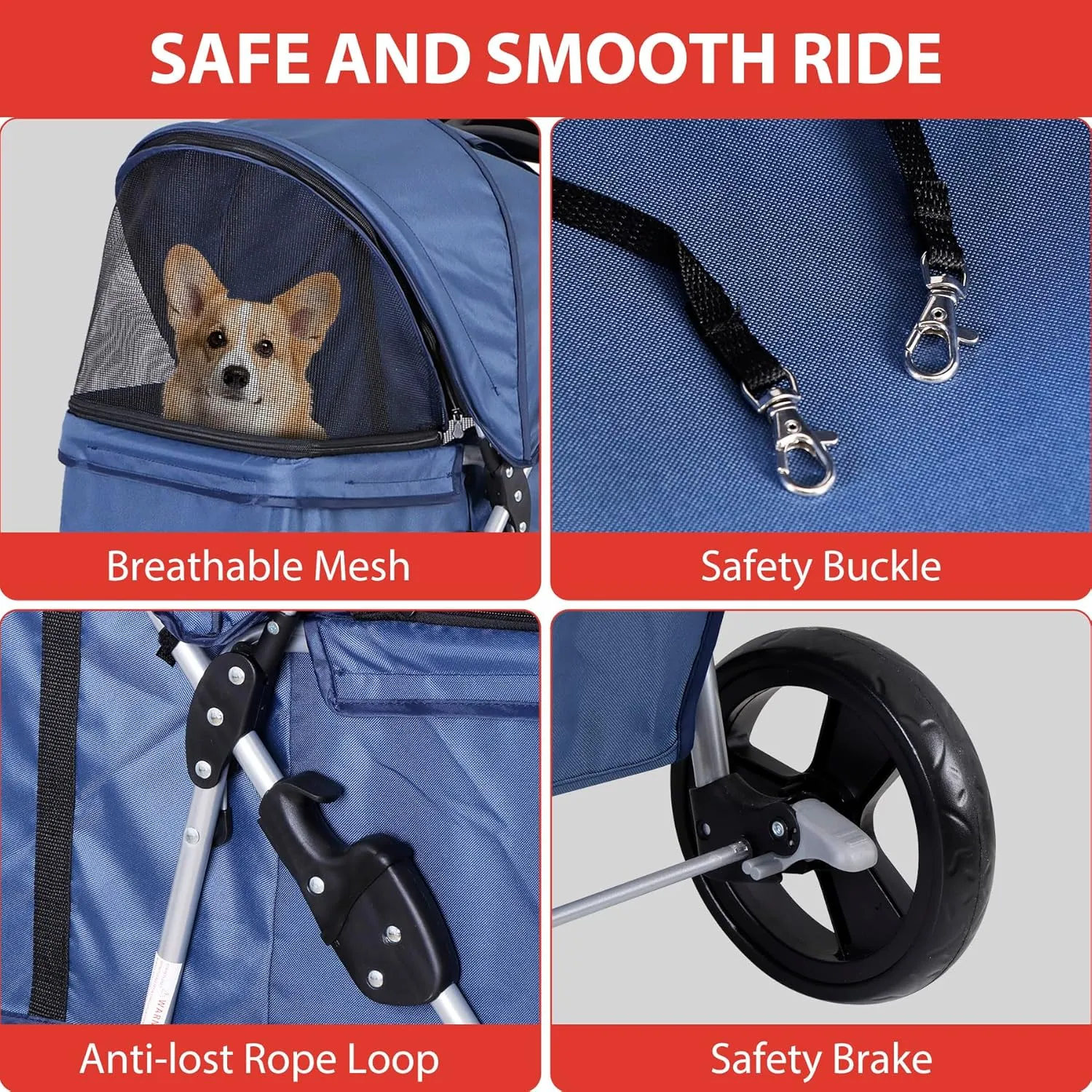 ZENY Foldable Pet Stroller, Cat/Dog Stroller with 4 Wheel, Pet Travel Carrier Strolling Cart with Storage Basket, Cup Holder (Navy Blue)