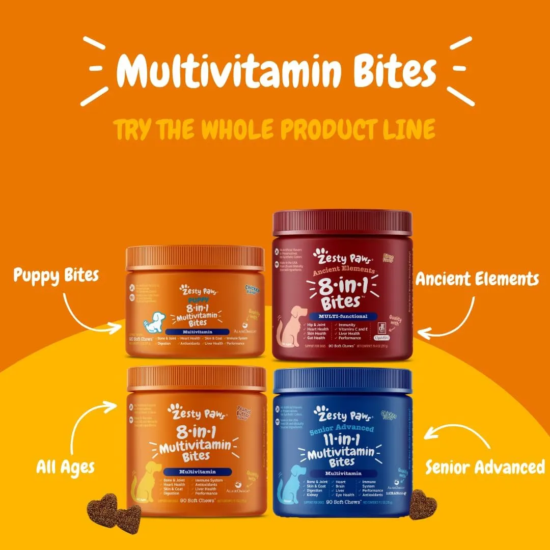 Zesty Paws Multivitamin Treats for Dogs - Glucosamine Chondroitin for Joint Support   Digestive Enzymes & Probiotics - Grain Free Dog Vitamin for Skin & Coat   Immune Health - Chicken Flavor - 90ct